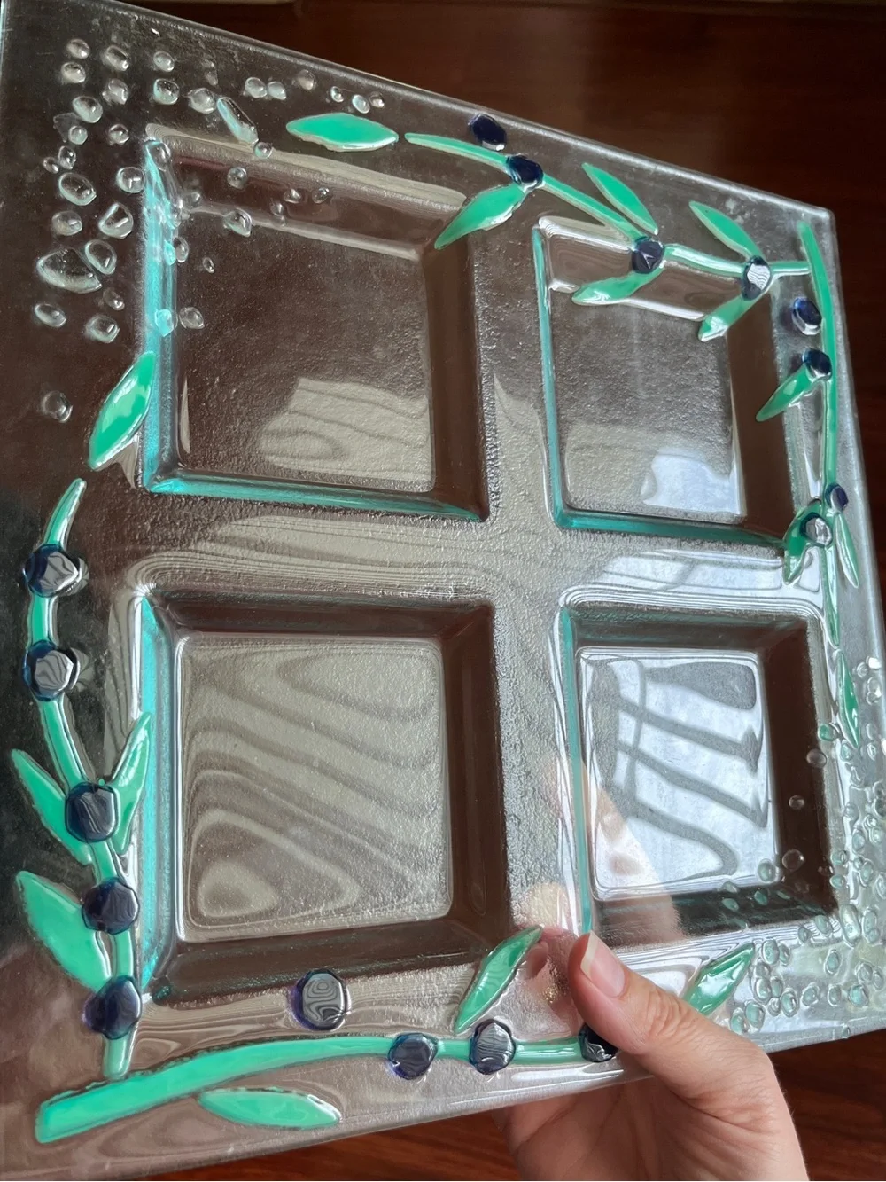 Fused Glass Olive Vine Bubble Divided Serving Platter Dish